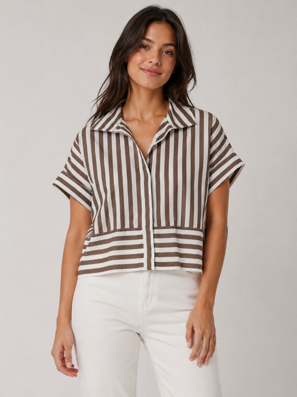 Banana Republic Brown White Striped Button Front Shirt Women's Small 100% Cotton